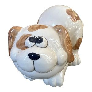 Adorable Ceramic Hand Painted VTG White w/Brown Spots Puppy Dog Coin Piggy Bank